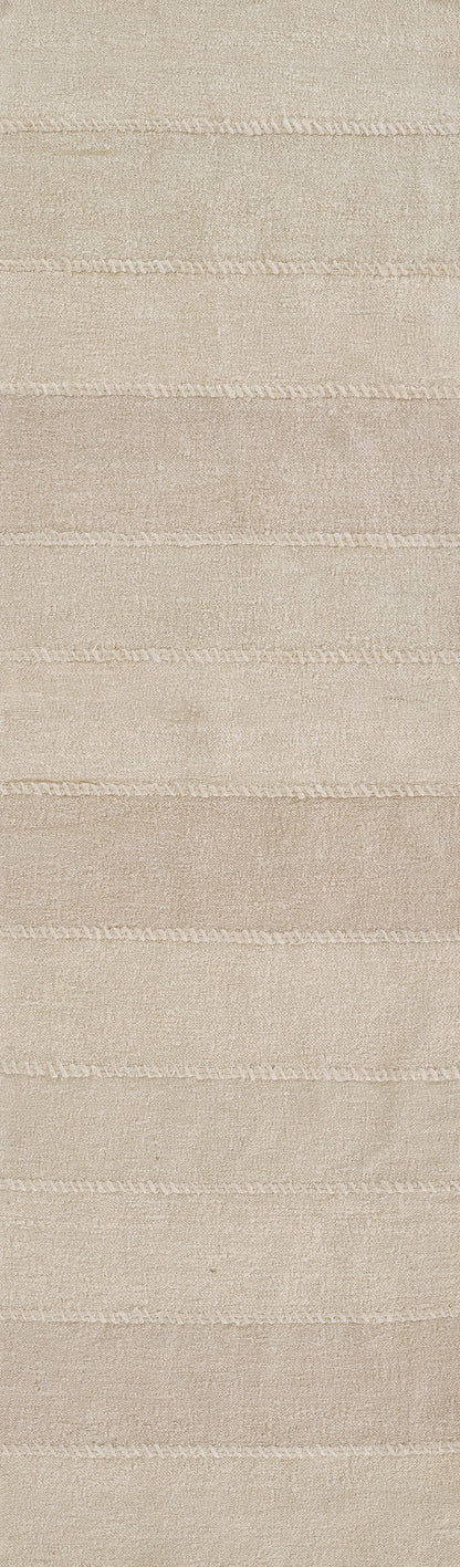 Beige woven rug with cream textured horizontal stripes; soft neutral floor decor.