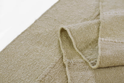 Beige rug close-up showing plush pile and stitched edge