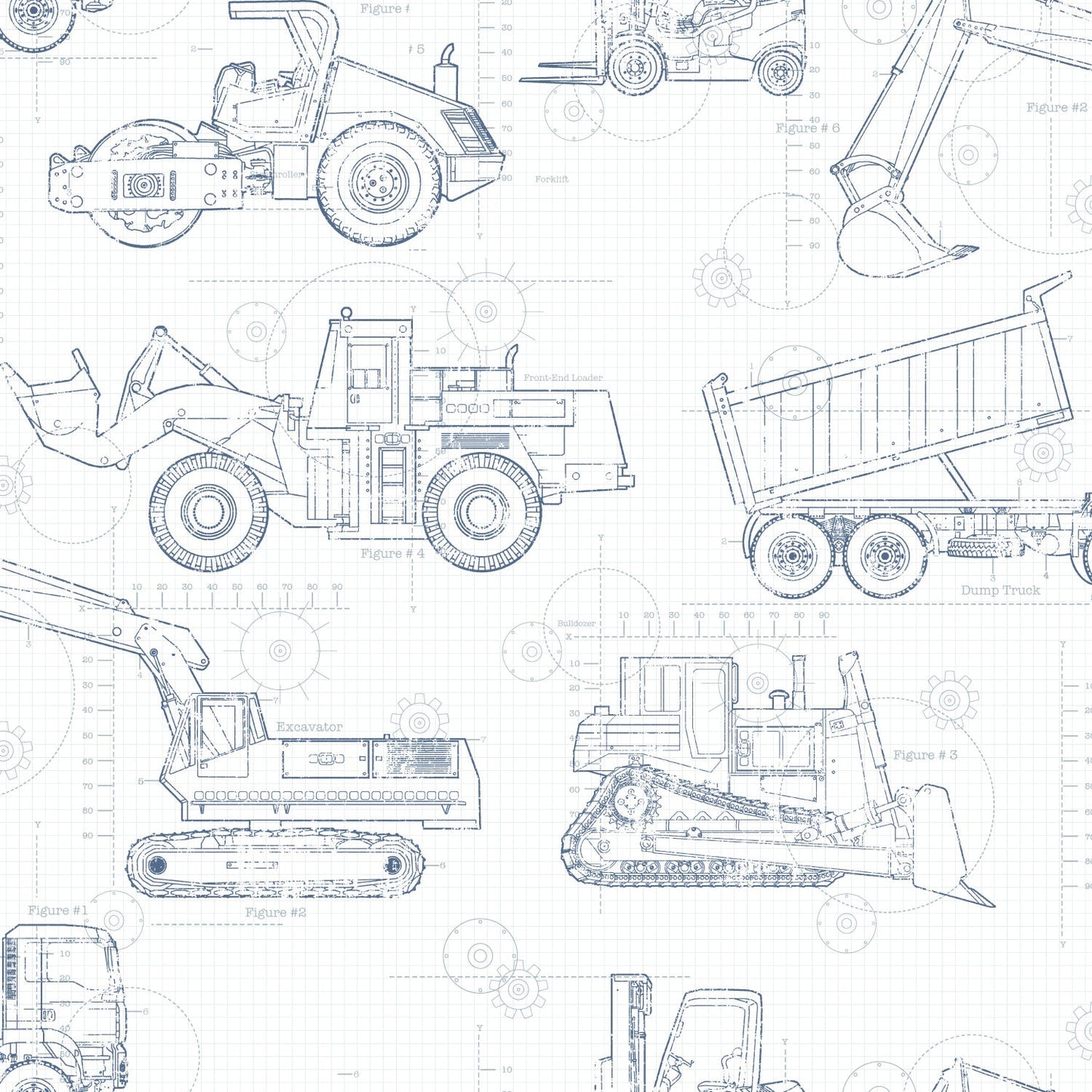 Blue blueprint-style line drawings of construction vehicles (excavator, bulldozer, dump truck) on a grid background.