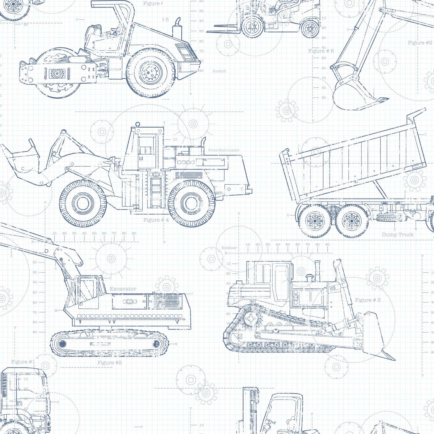 Blue blueprint-style line drawings of construction vehicles (excavator, bulldozer, dump truck) on a grid background.