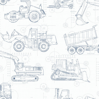 Blue blueprint-style line drawings of construction vehicles (excavator, bulldozer, dump truck) on a grid background.