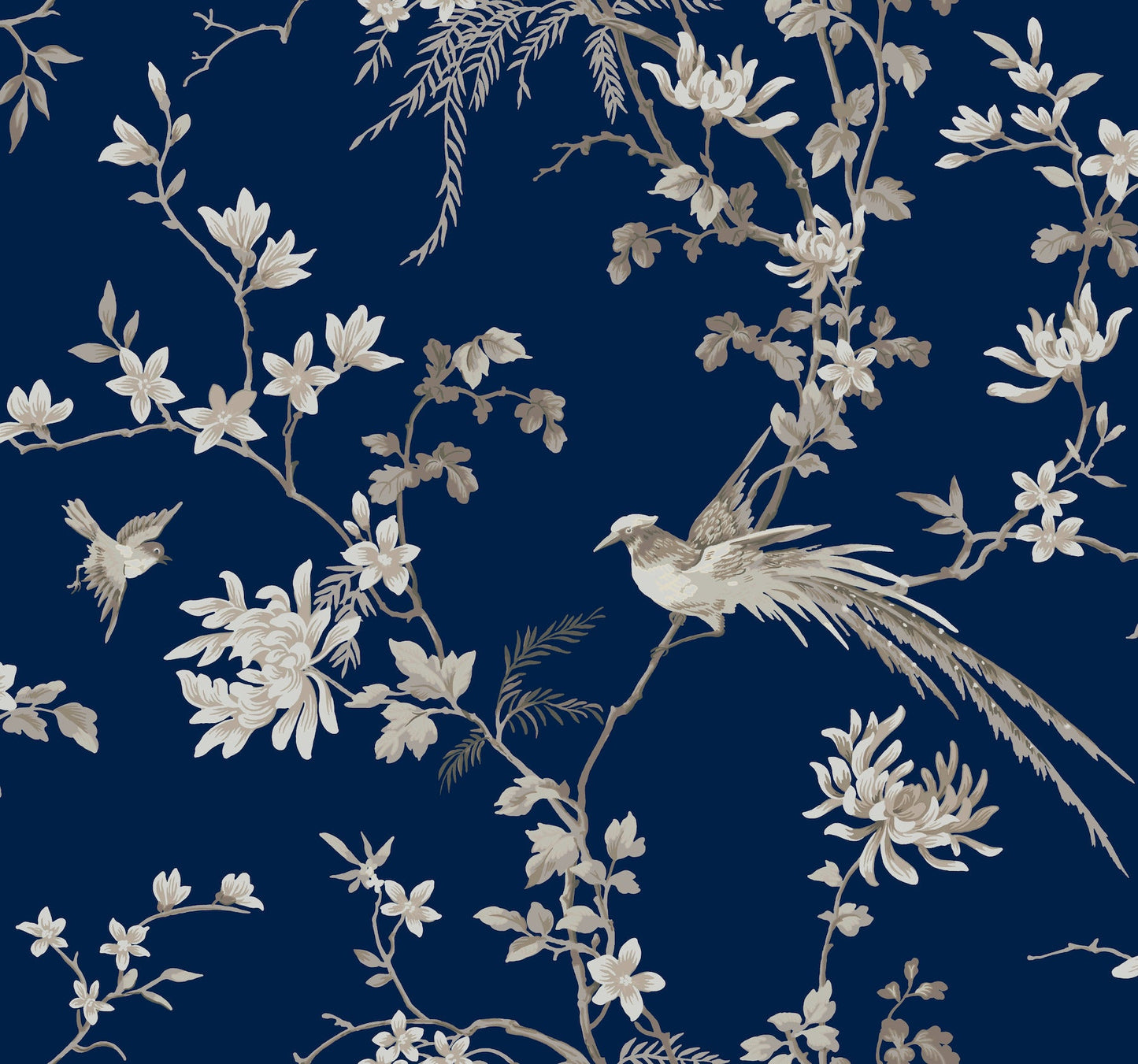 York Wallcoverings Ronald Redding Bird and Blossom Chinoserie Blue Wallpaper  Botanical Blues   - KT2171