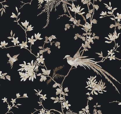 York Wallcoverings Ronald Redding Bird and Blossom Chinoserie Black Wallpaper  Botanical Blacks   - KT2173
