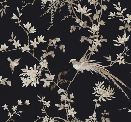 York Wallcoverings Ronald Redding Bird and Blossom Chinoserie Black Wallpaper  Botanical Blacks   - KT2173