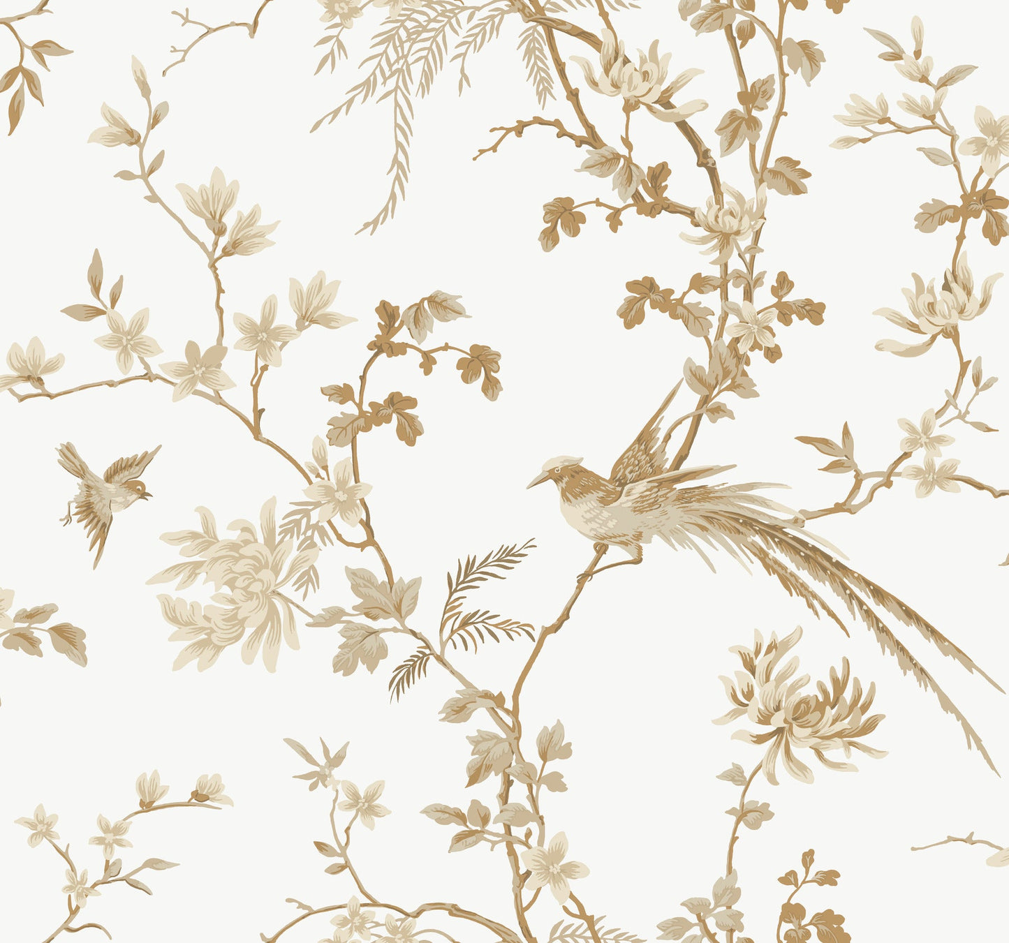 York Wallcoverings Ronald Redding Bird and Blossom Chinoserie White and Gold Wallpaper  Botanical Whites and Off-Whites   - KT2174