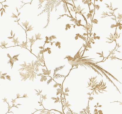 York Wallcoverings Ronald Redding Bird and Blossom Chinoserie White and Gold Wallpaper  Botanical Whites and Off-Whites   - KT2174