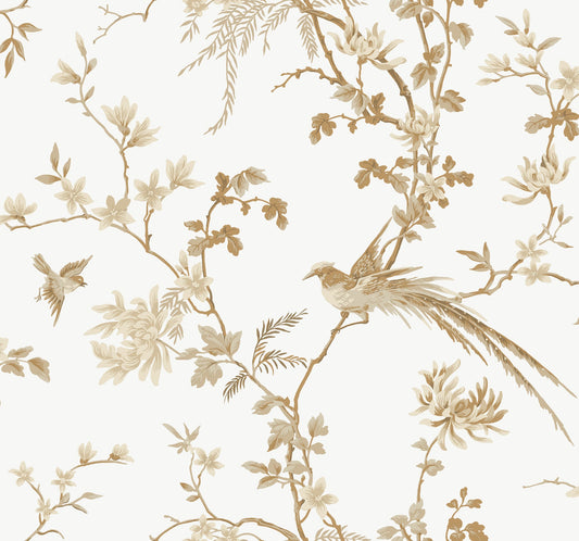 York Wallcoverings Ronald Redding Bird and Blossom Chinoserie White and Gold Wallpaper  Botanical Whites and Off-Whites   - KT2174