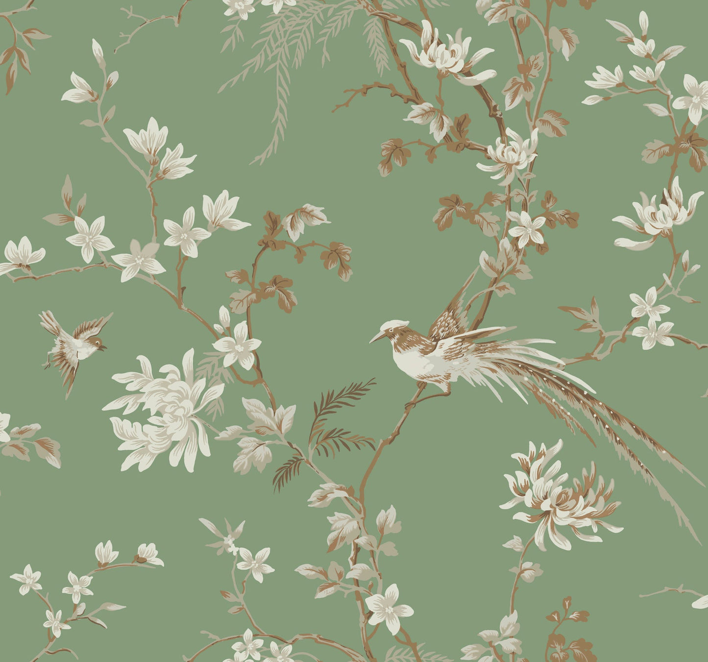 York Wallcoverings Ronald Redding Bird and Blossom Chinoserie Green Wallpaper  Botanical Greens   - KT2175