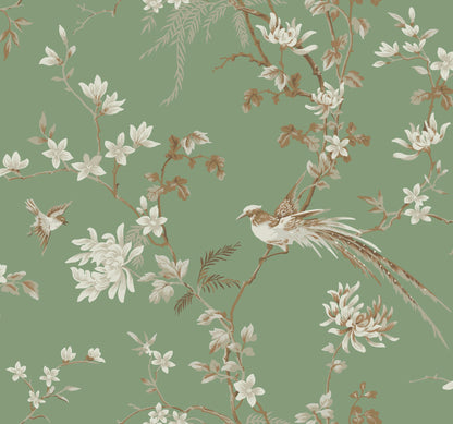 York Wallcoverings Ronald Redding Bird and Blossom Chinoserie Green Wallpaper  Botanical Greens   - KT2175