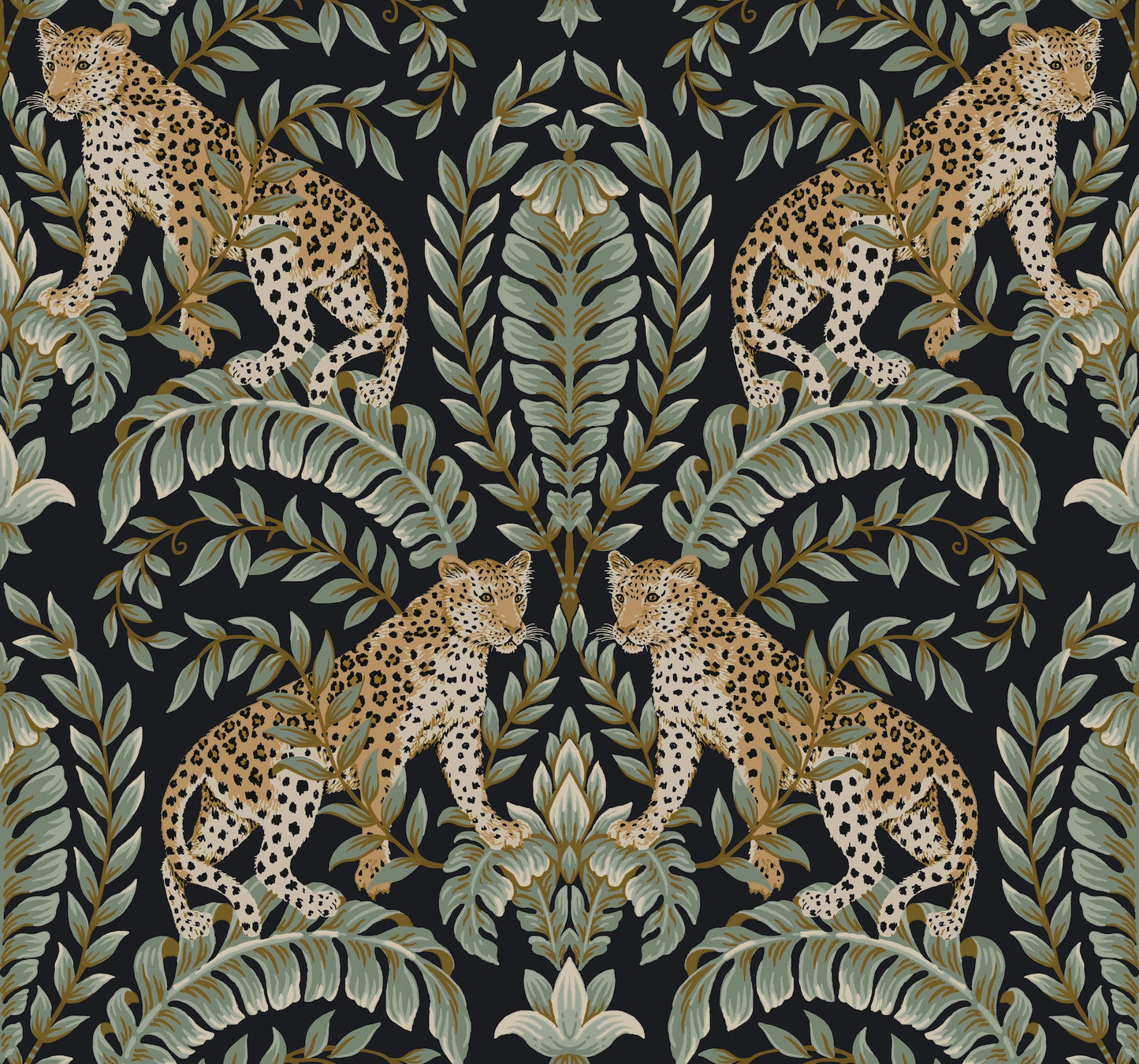 Jungle pattern with tan leopards among large green leaves on a dark background, ideal for wallpaper or fabric.