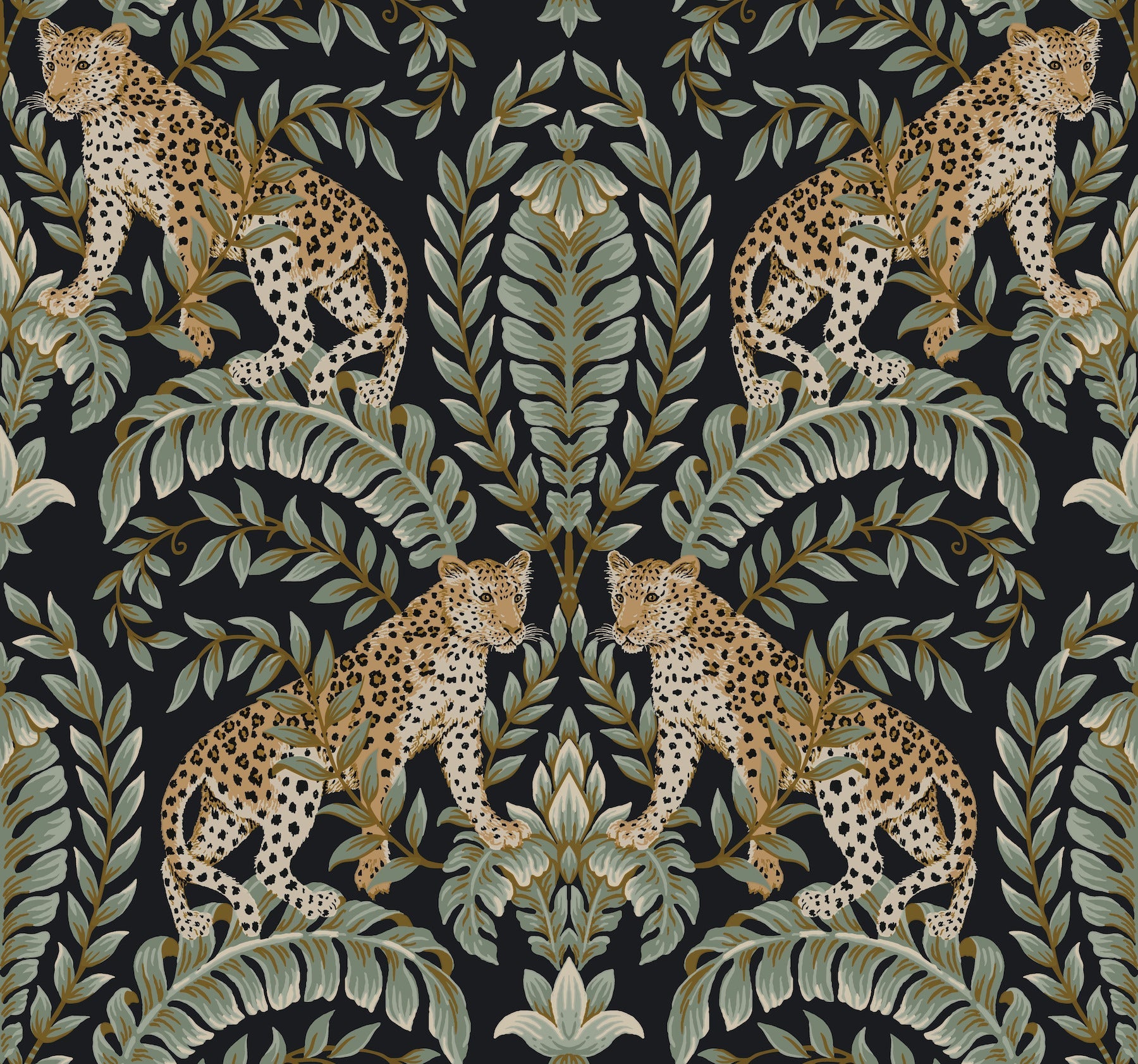 Jungle pattern with tan leopards among large green leaves on a dark background, ideal for wallpaper or fabric.