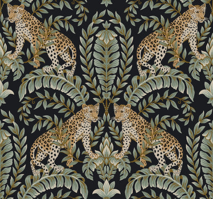 Jungle pattern with tan leopards among large green leaves on a dark background, ideal for wallpaper or fabric.