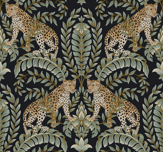 York Wallcoverings Ronald Redding Jungle Leopard Black and Green Wallpaper  Animals Greens   - KT2205