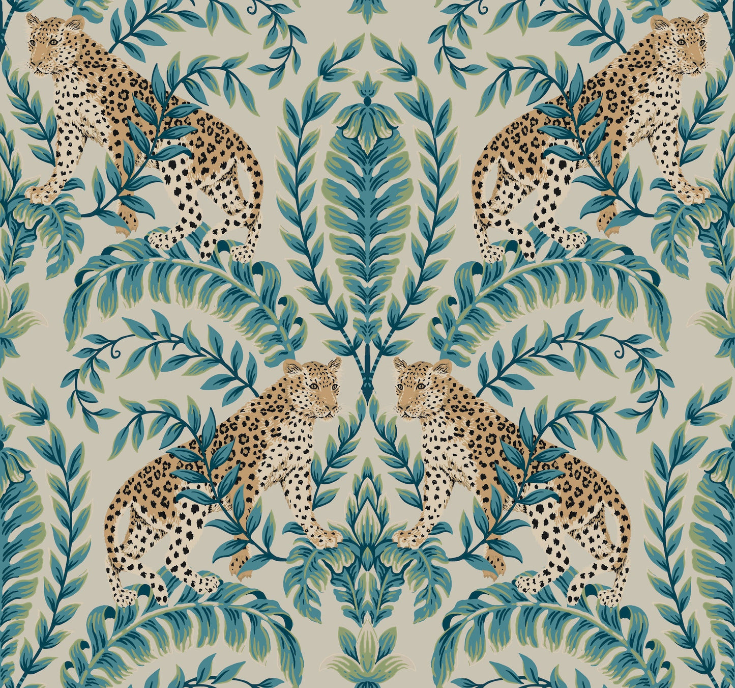 Symmetrical jungle leopard wallpaper with a neutral taupe background.