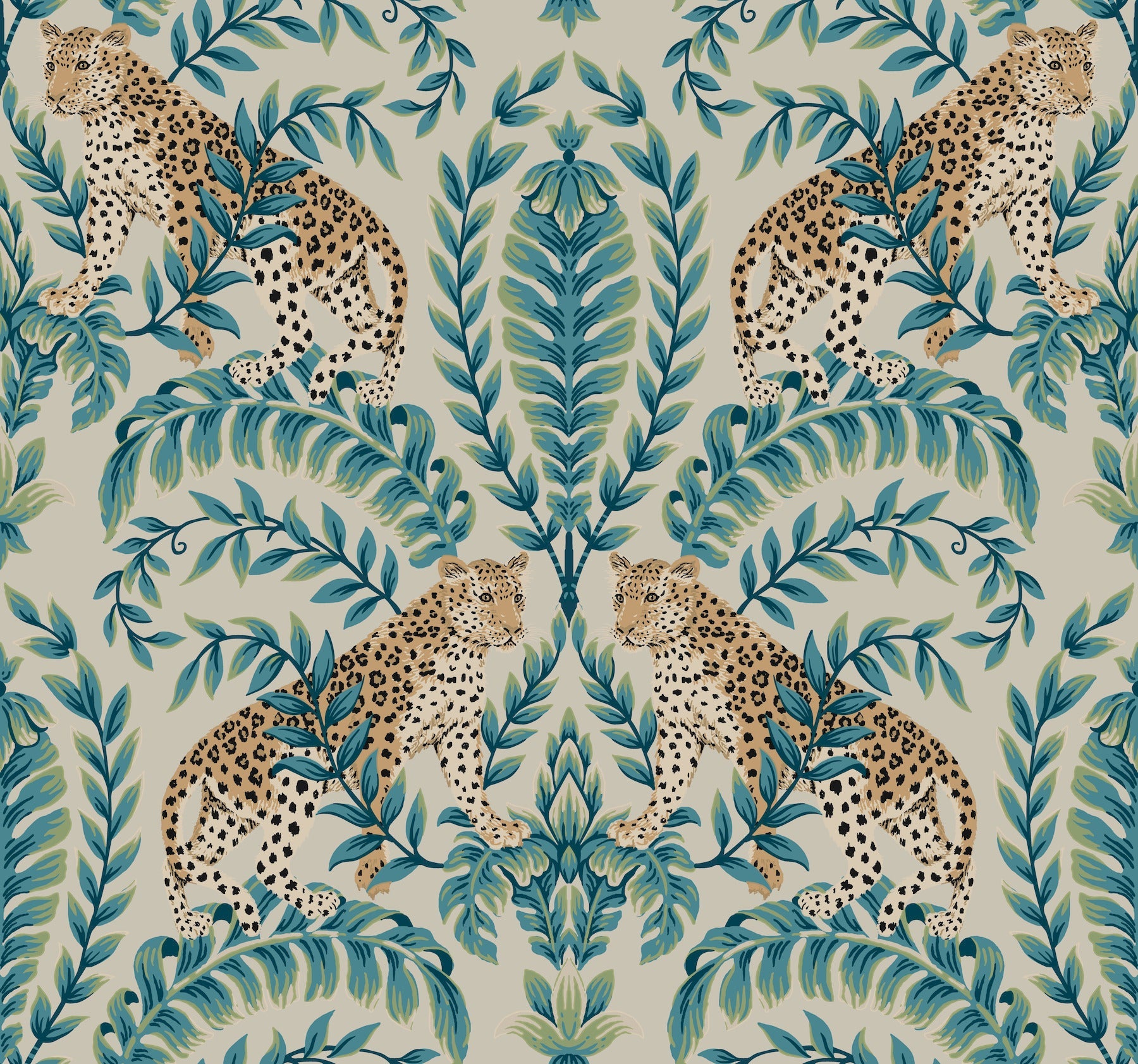 Symmetrical jungle leopard wallpaper with a neutral taupe background.