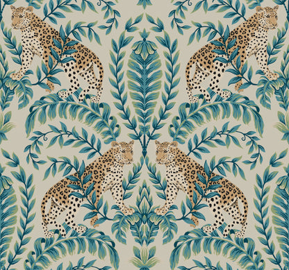 Symmetrical jungle leopard wallpaper with a neutral taupe background.