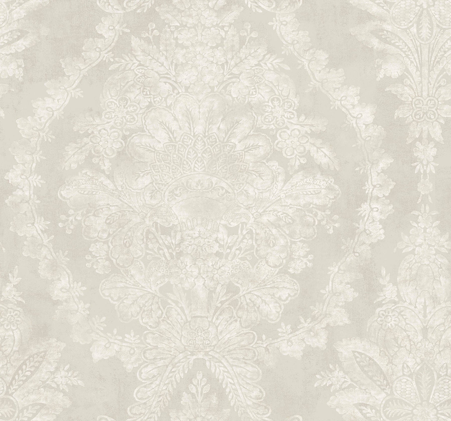 Beige damask wallpaper with ivory floral medallion pattern; vintage ornate wall decor.
