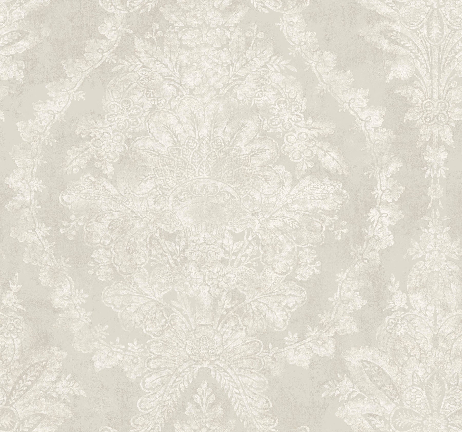 Beige damask wallpaper with ivory floral medallion pattern; vintage ornate wall decor.