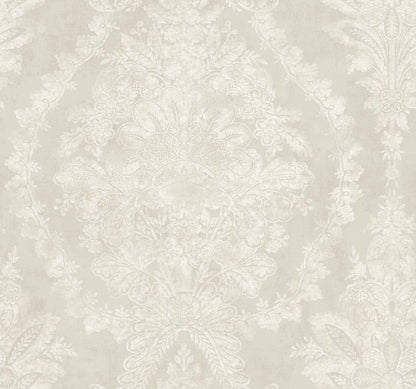 Beige damask wallpaper with ivory floral medallion pattern; vintage ornate wall decor.
