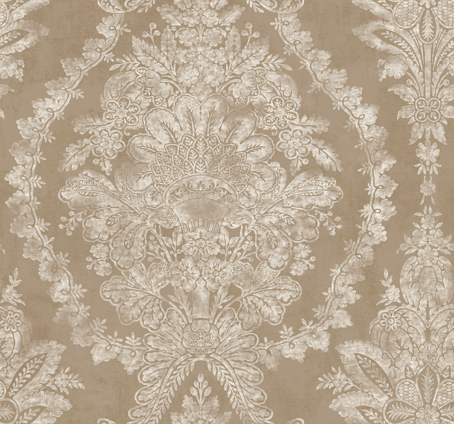 Bronze and brown damask wallpaper with ornate floral motif and scrolling borders in vintage traditional style.