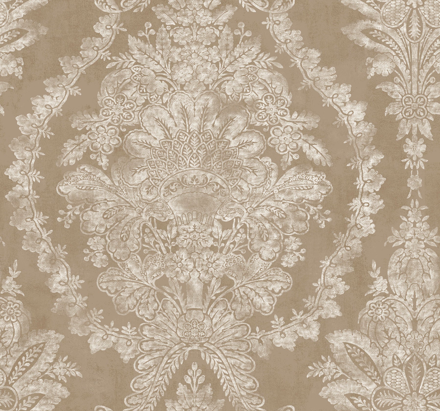 Bronze and brown damask wallpaper with ornate floral motif and scrolling borders in vintage traditional style.