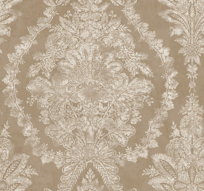 Bronze and brown damask wallpaper with ornate floral motif and scrolling borders in vintage traditional style.