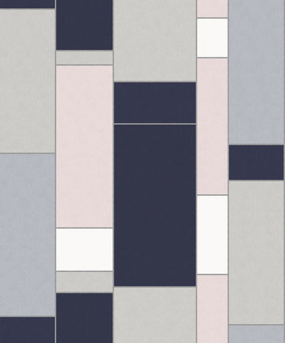 Mondrian-style geometric print with vertical rectangles in blue metallic tones.