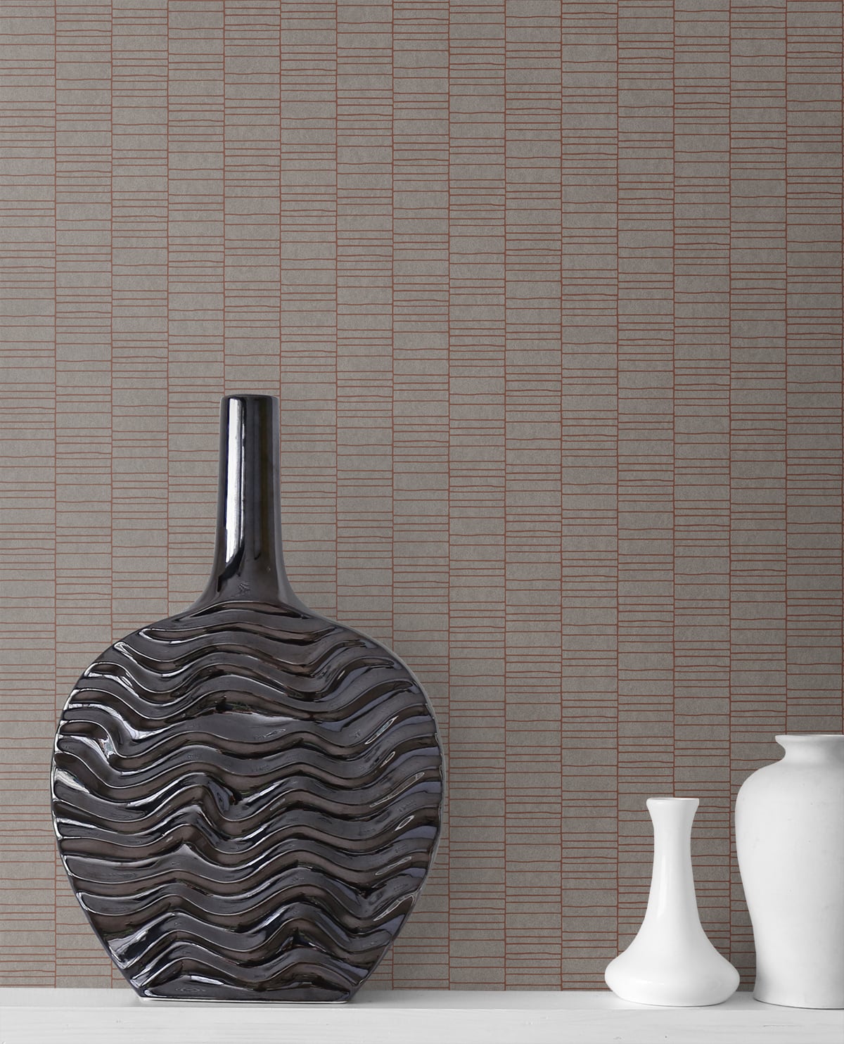 Grey matte Mondrian-style wall art with spliced stripe geometry; Art Deco motif on a beige textured wall.