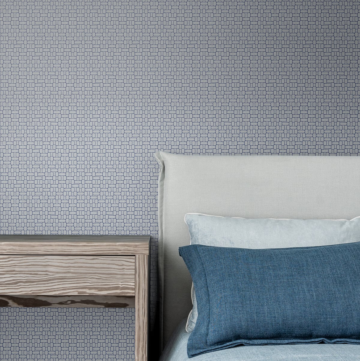 Blue matte geometric abstract wall art in a Mondrian-inspired capsule design, Art Deco style.