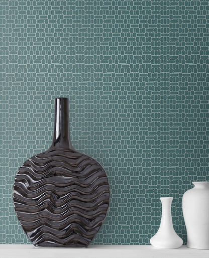 Teal matte geometric art deco panel with Mondrian-inspired capsule shapes.