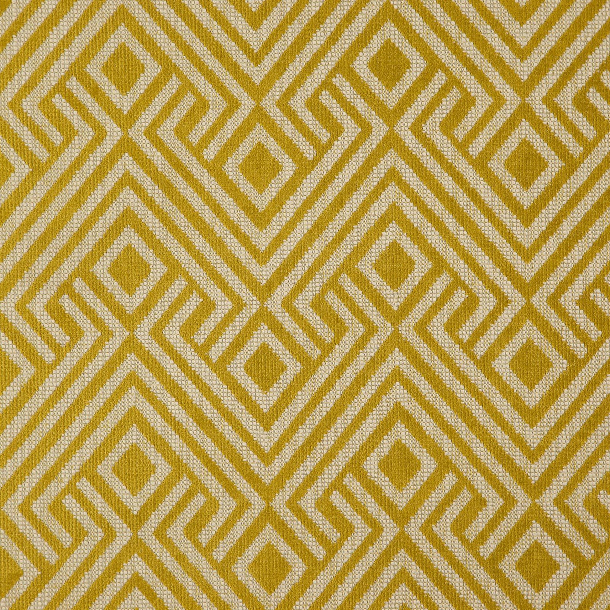 Yellow-gold and cream geometric lattice fabric with diamond motifs; woven upholstery style.