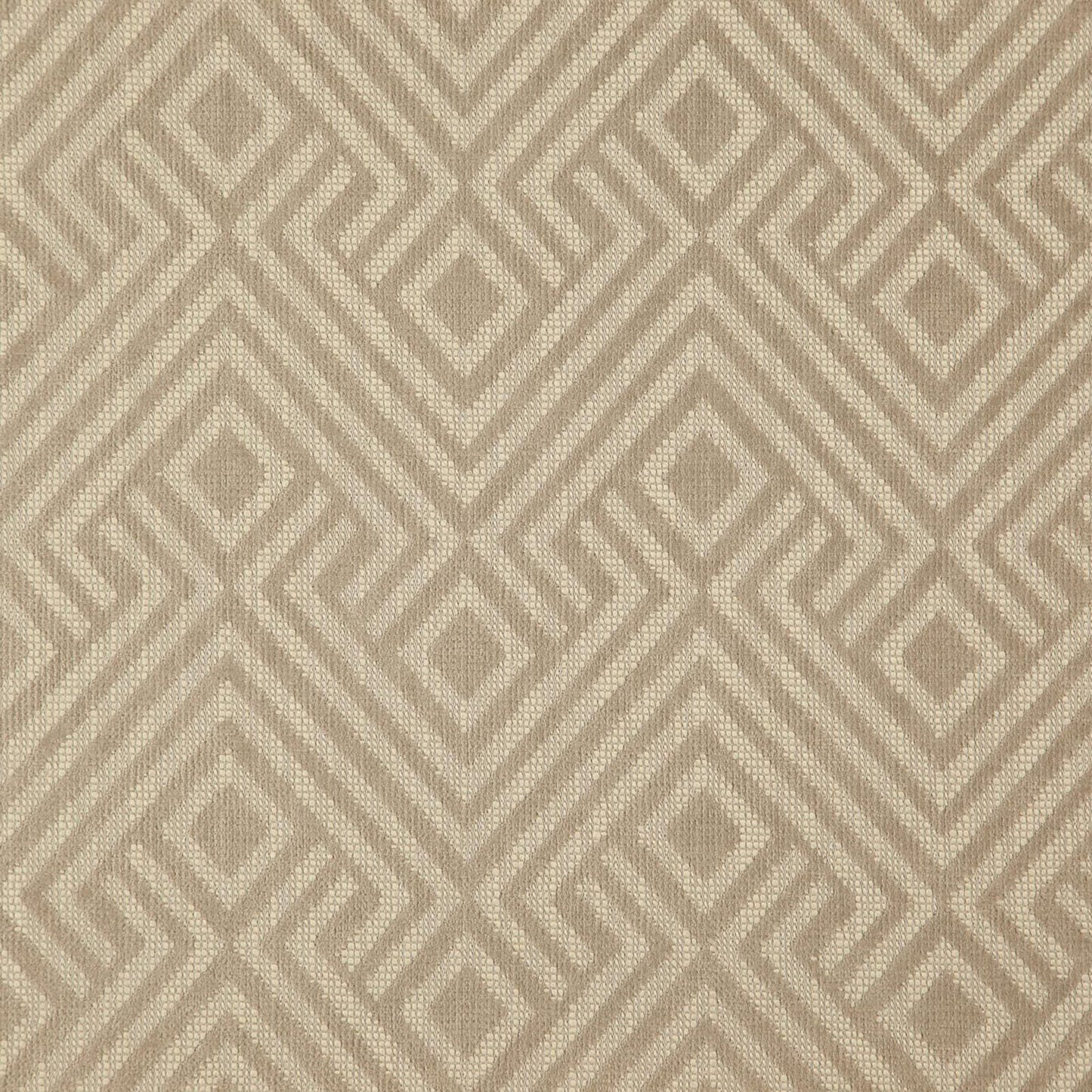 Beige textured fabric featuring a diamond lattice geometric pattern; ideal for upholstery or drapery.