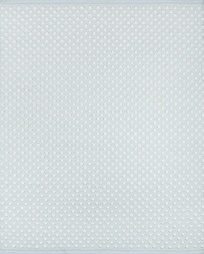 Light blue mesh fabric with tiny white diamond pattern; airy decorative textile for dresses, linings or curtains.