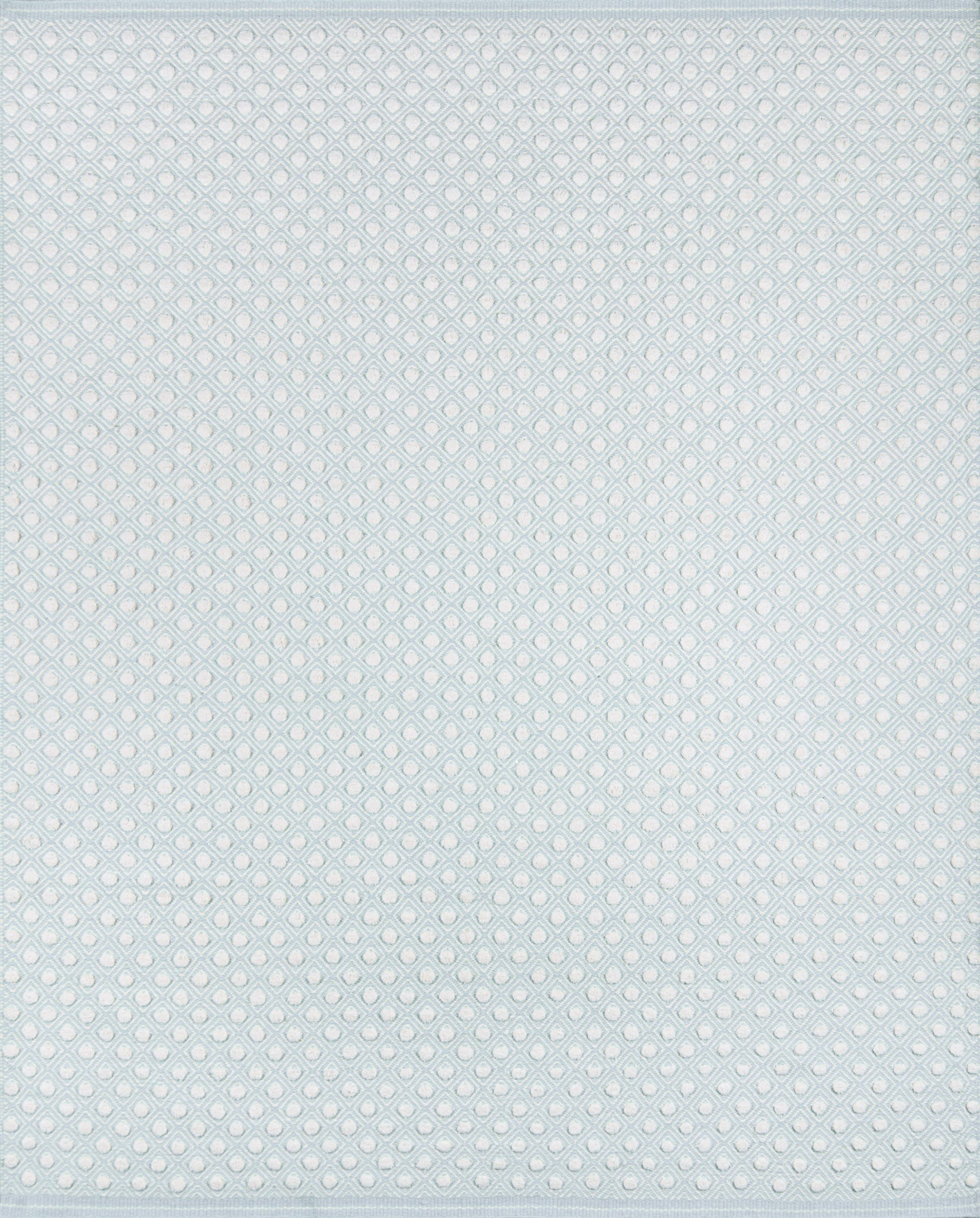 Light blue rug with a fine white dotted diamond lattice pattern.
