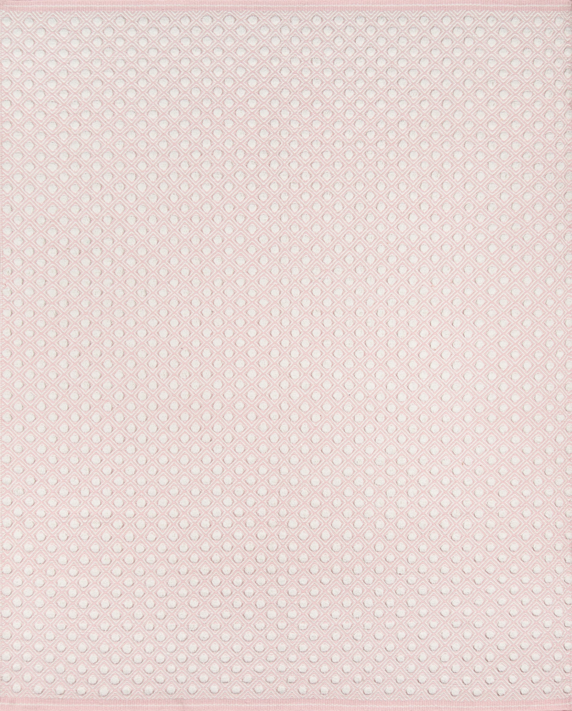 Soft pale pink dotted mesh fabric with tiny white dots and a pink top border.
