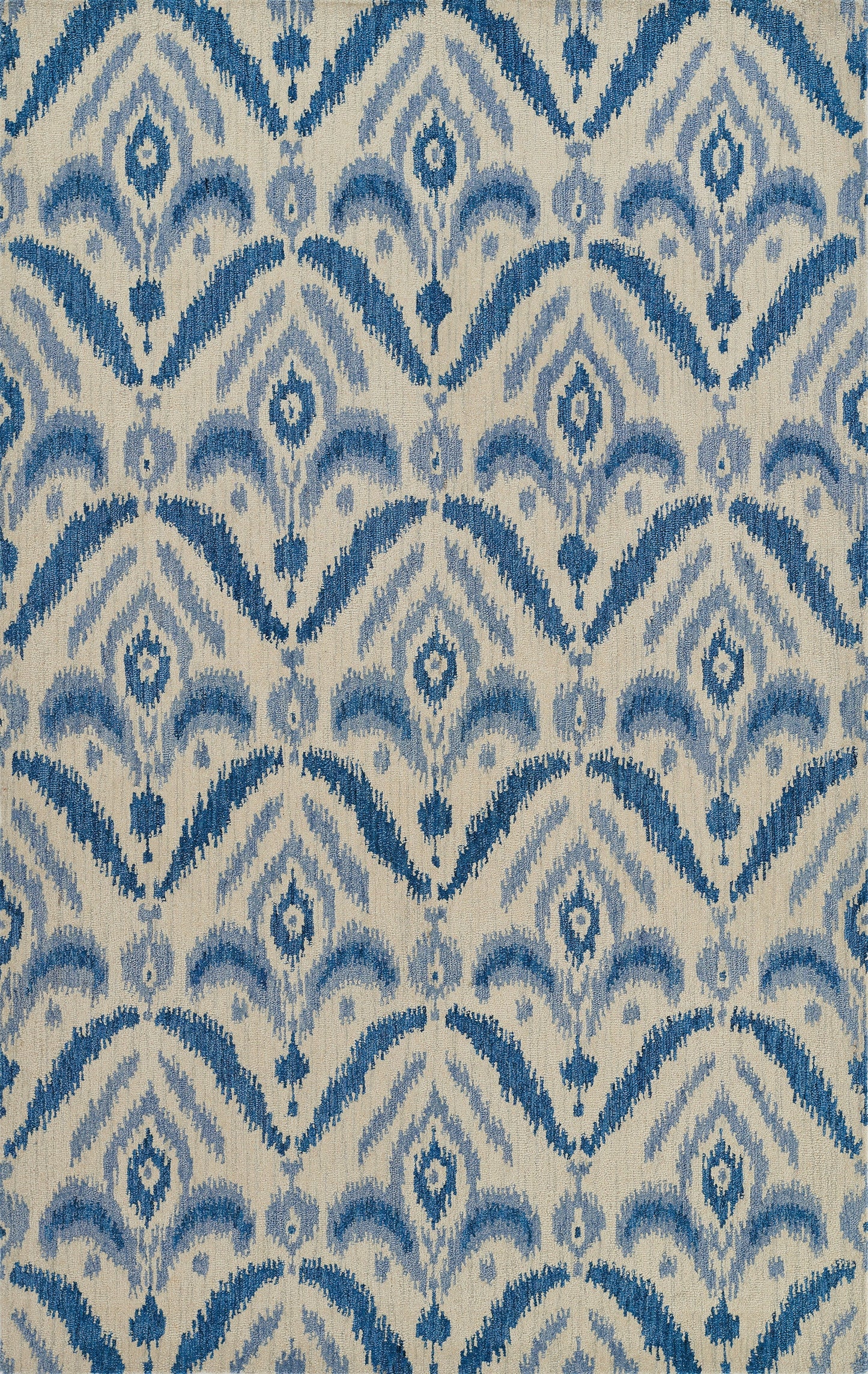 Blue and white ikat-inspired geometric fabric or wallpaper with repeating arches and diamond motifs.