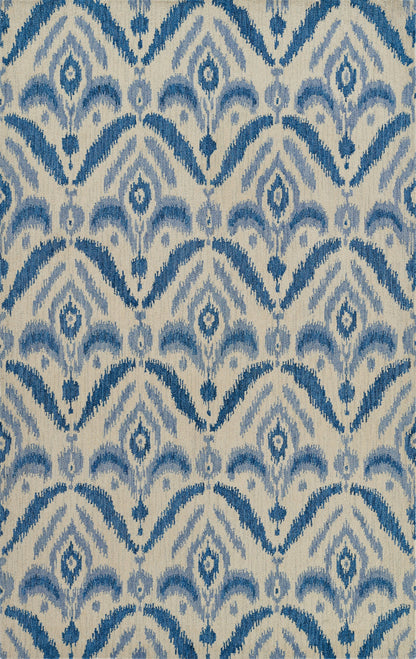 Blue and white ikat-inspired geometric fabric or wallpaper with repeating arches and diamond motifs.
