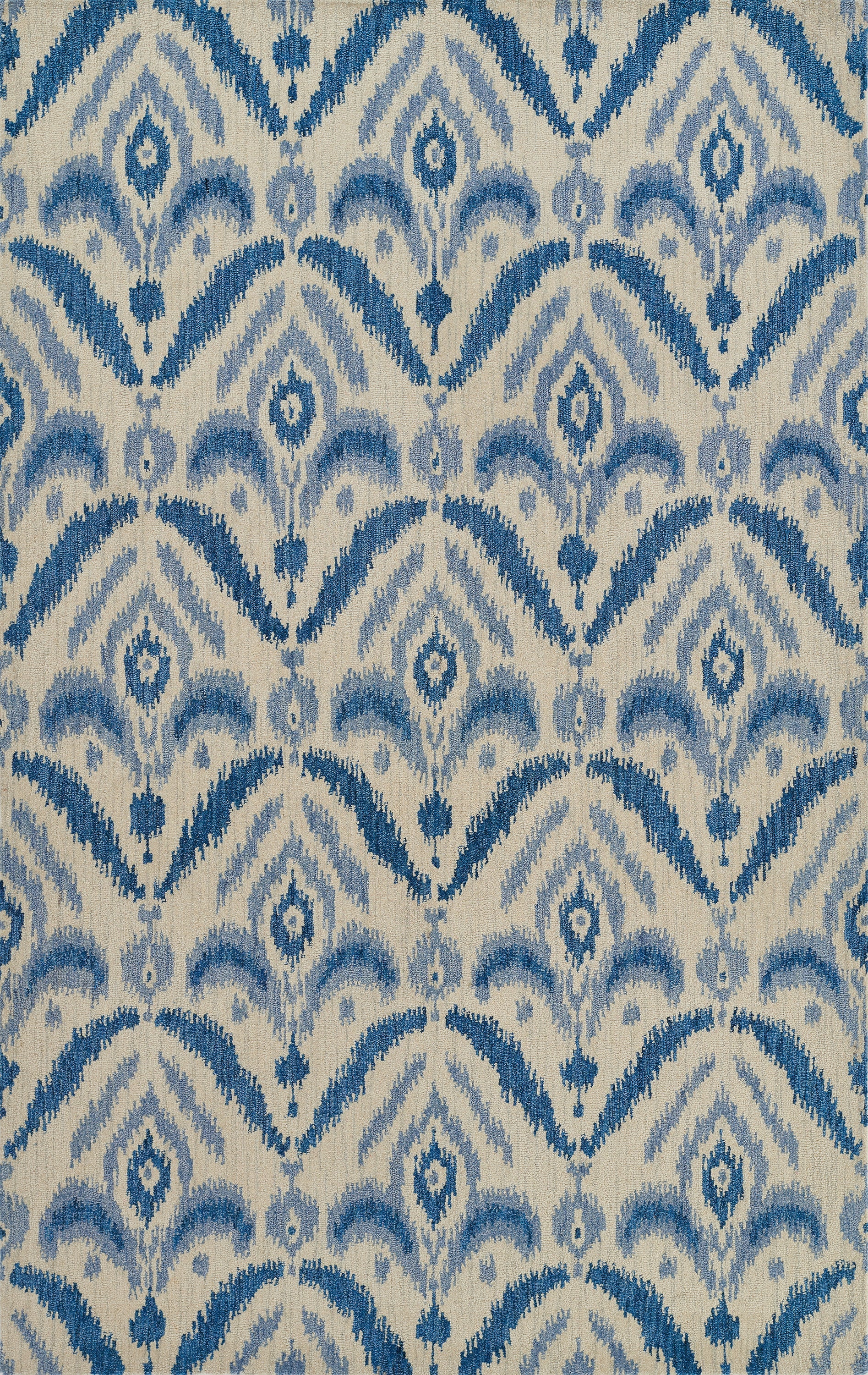 Blue and white Ikat-inspired fabric pattern with diamond and arch motifs in a soft watercolor wash.