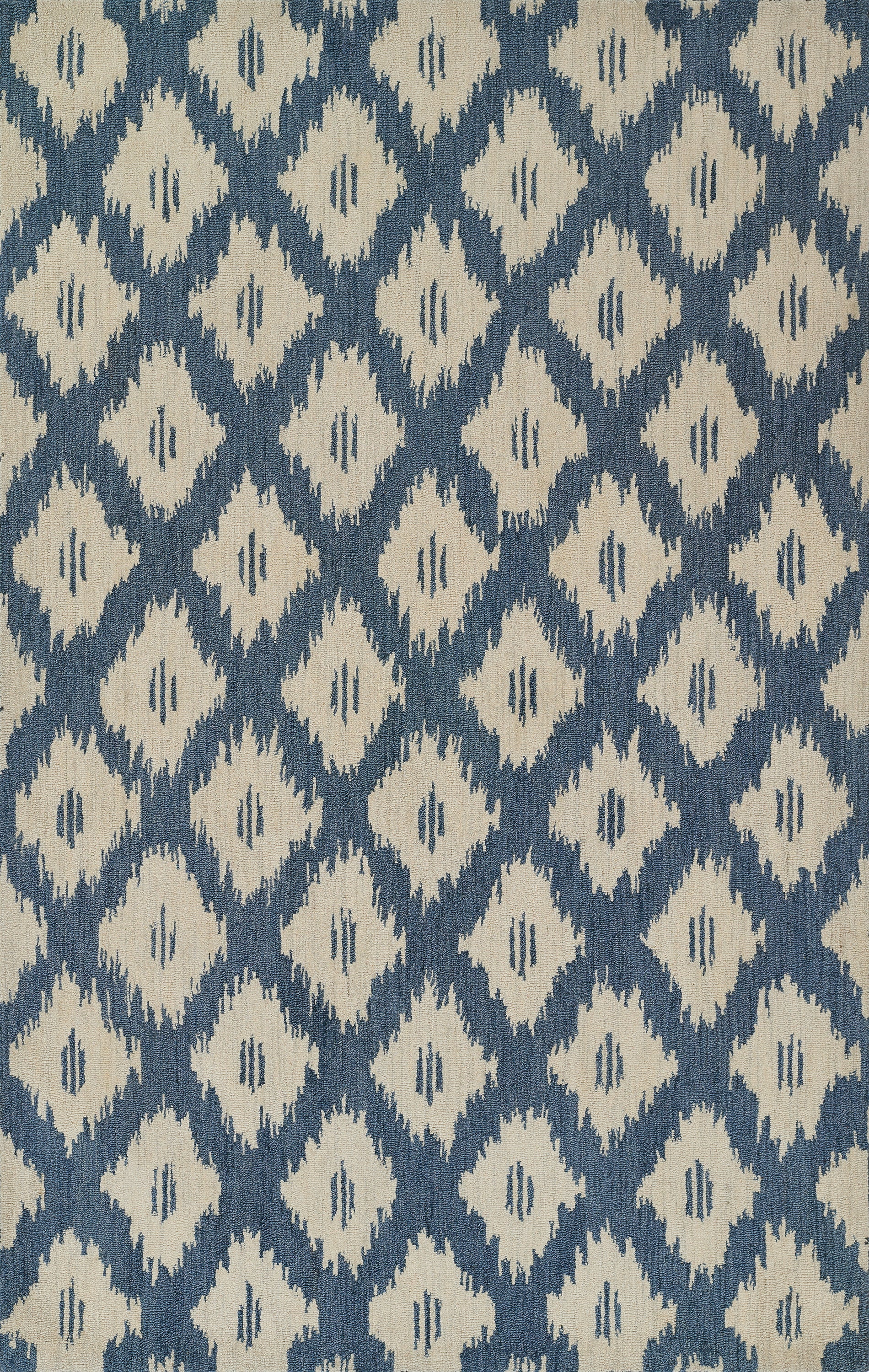 Blue and ivory ikat diamond geometric textile pattern; woven fabric for upholstery or cushions.