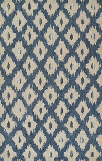 Blue and ivory ikat diamond geometric textile pattern; woven fabric for upholstery or cushions.