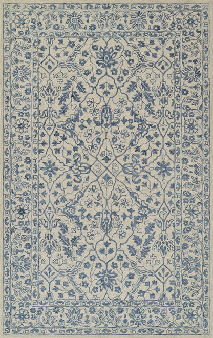 Blue & cream oriental area rug with intricate floral vines, central medallion & layered borders.
