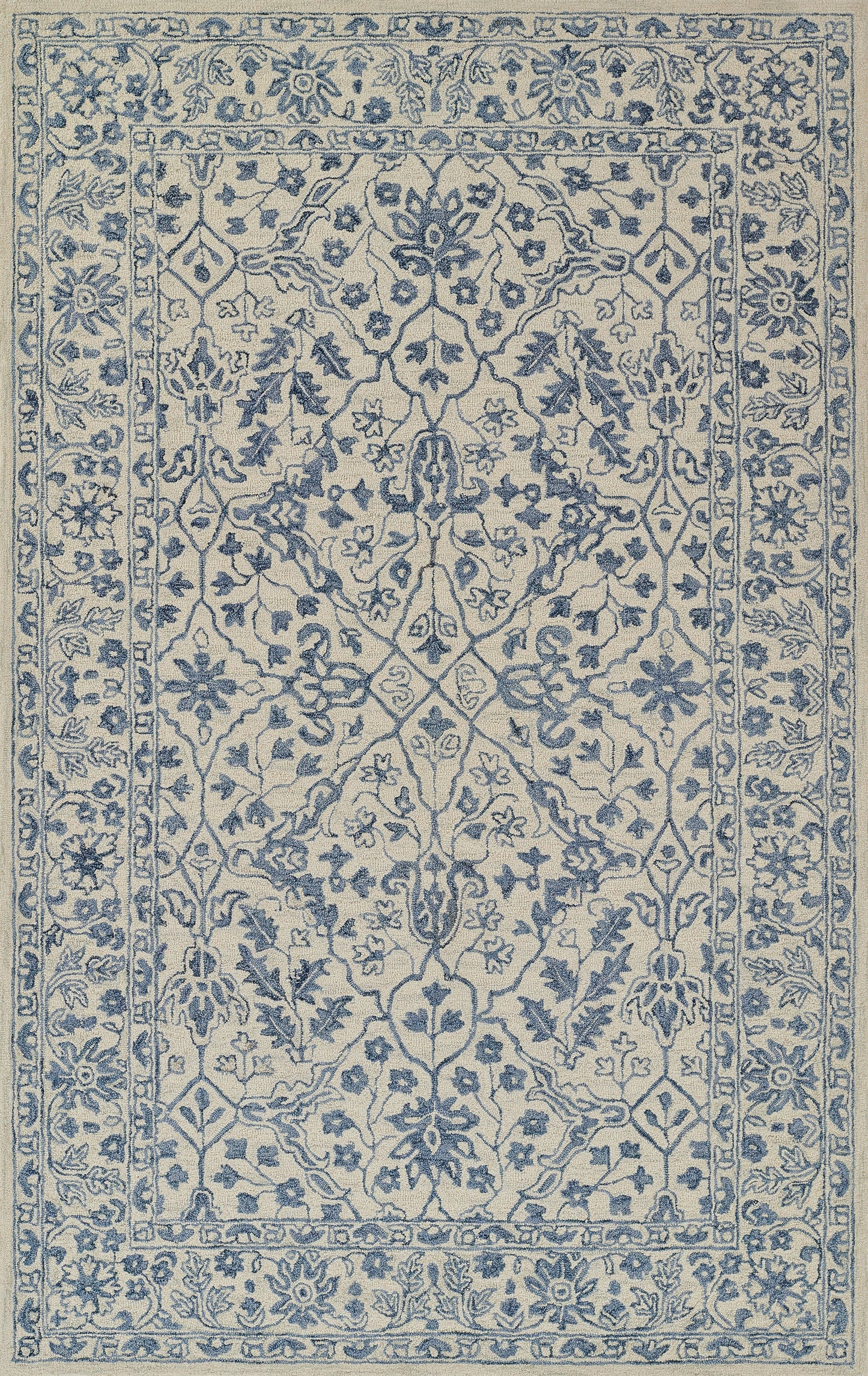 Blue and cream oriental rug with intricate floral vines and a decorative border in Persian-inspired design.