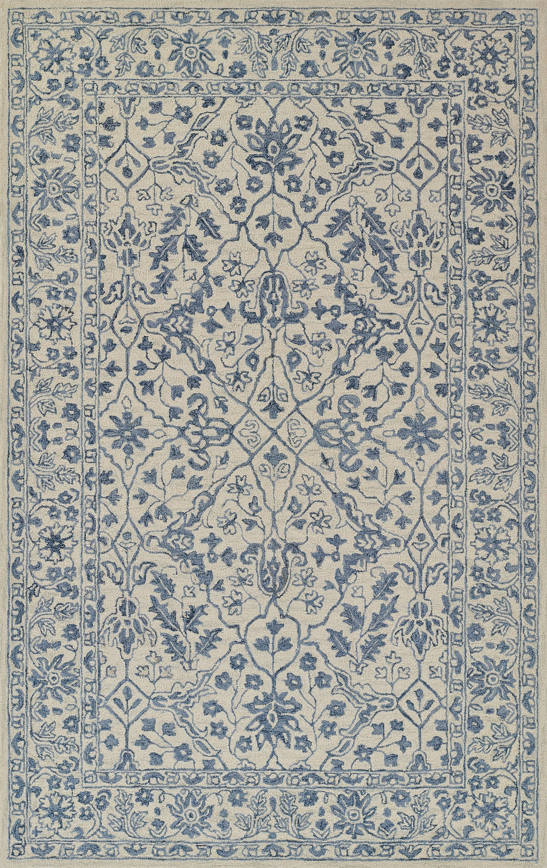 Blue and cream oriental rug with intricate floral vines and a decorative border in Persian-inspired design.