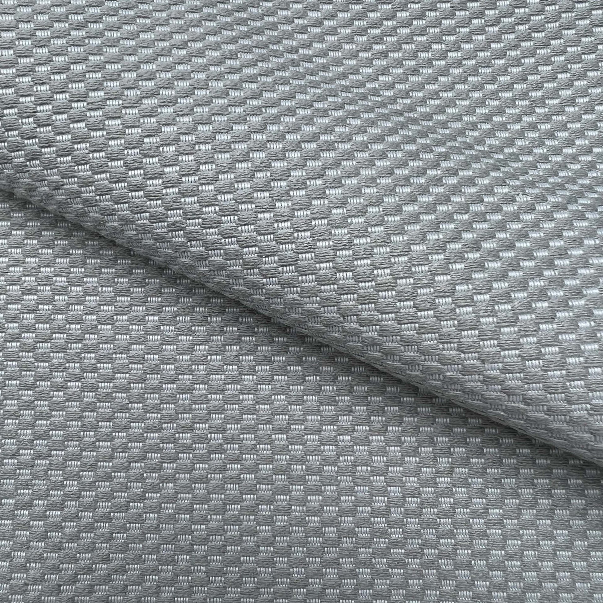 Gray woven fabric with a small checker pattern; soft, durable upholstery texture.