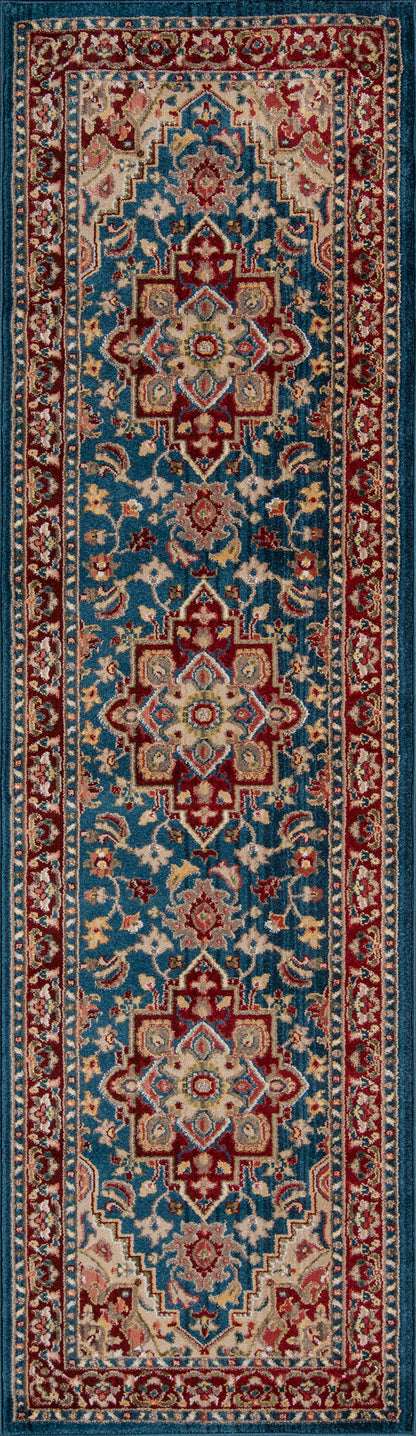 Persian-inspired blue runner rug with repeating red and ivory medallions, gold accents, and an ornate floral border.