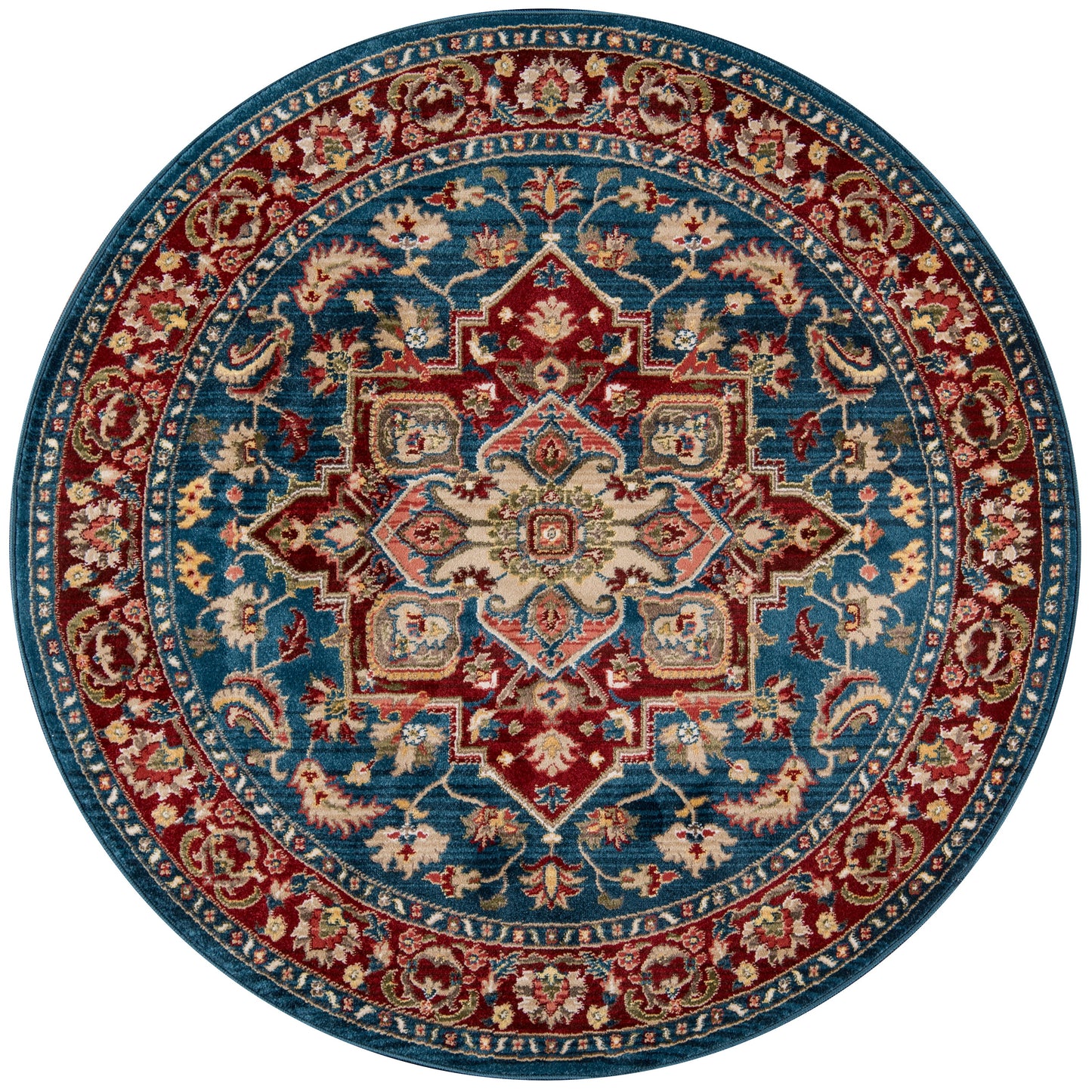 Round woven rug, Persian-style, blue field with red borders, ivory central medallion and ornate floral motifs.