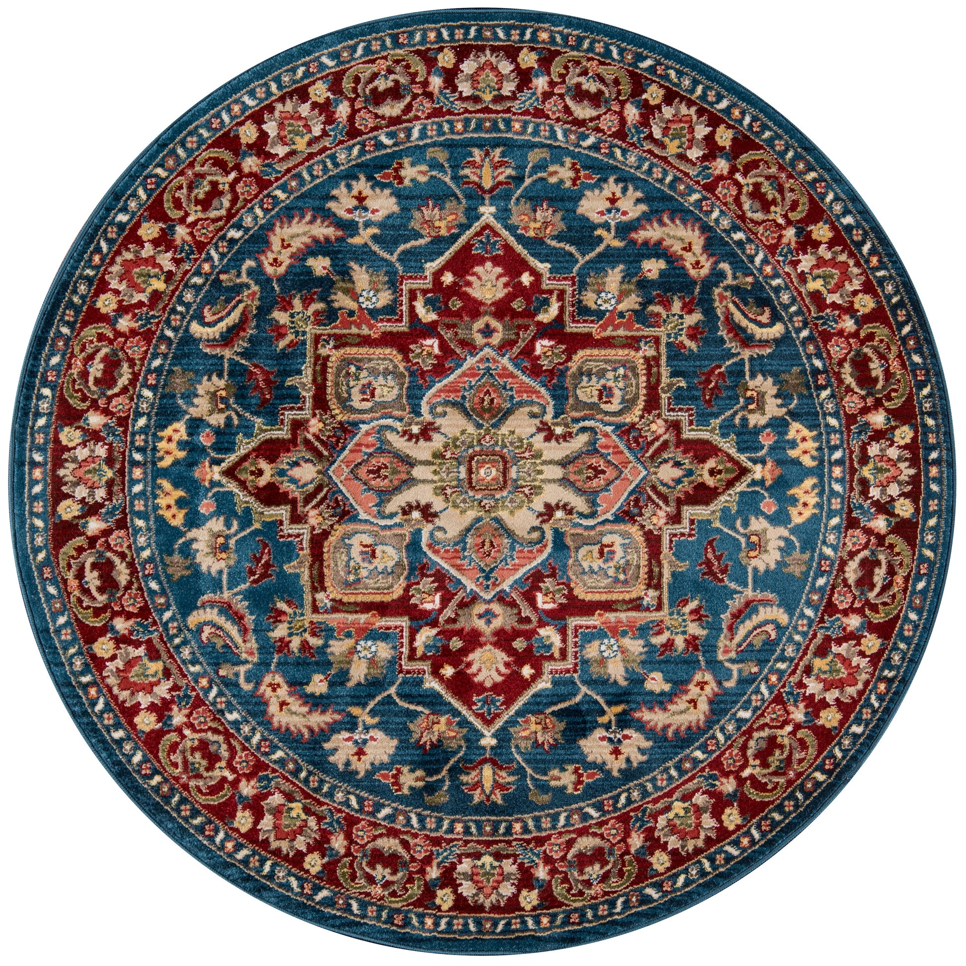 Round woven rug, Persian-style, blue field with red borders, ivory central medallion and ornate floral motifs.