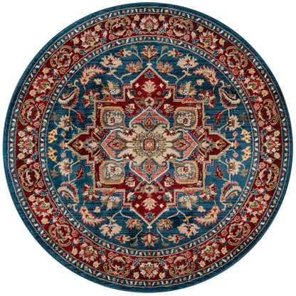 Round woven rug, Persian-style, blue field with red borders, ivory central medallion and ornate floral motifs.