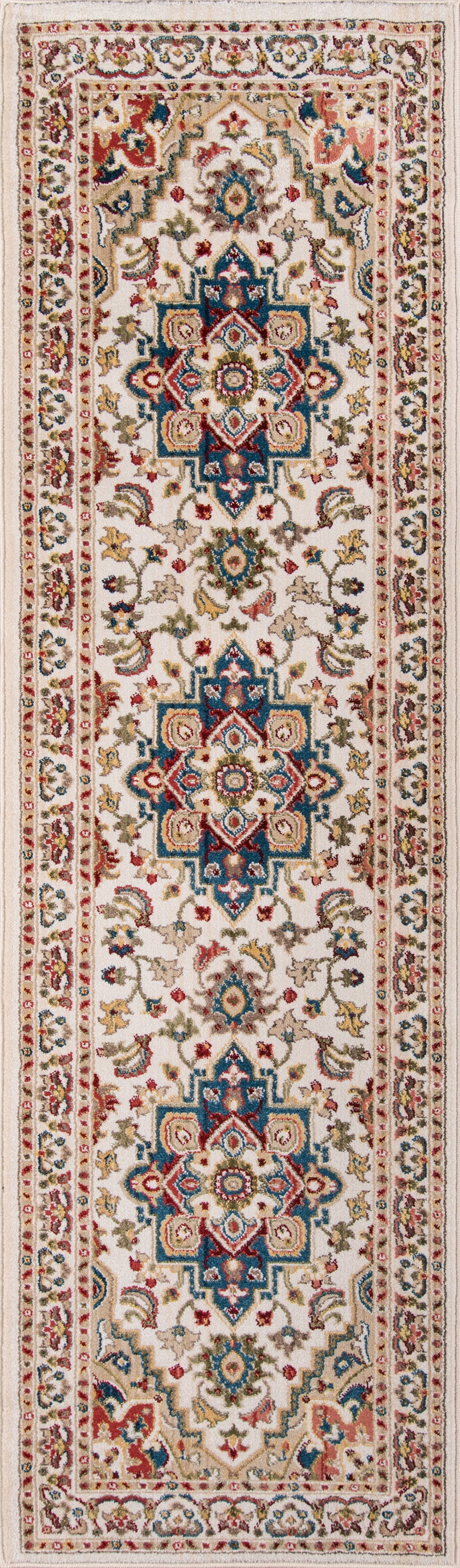 Ivory oriental rug with blue, red & gold floral medallions & ornate borders for hallway or living space.
