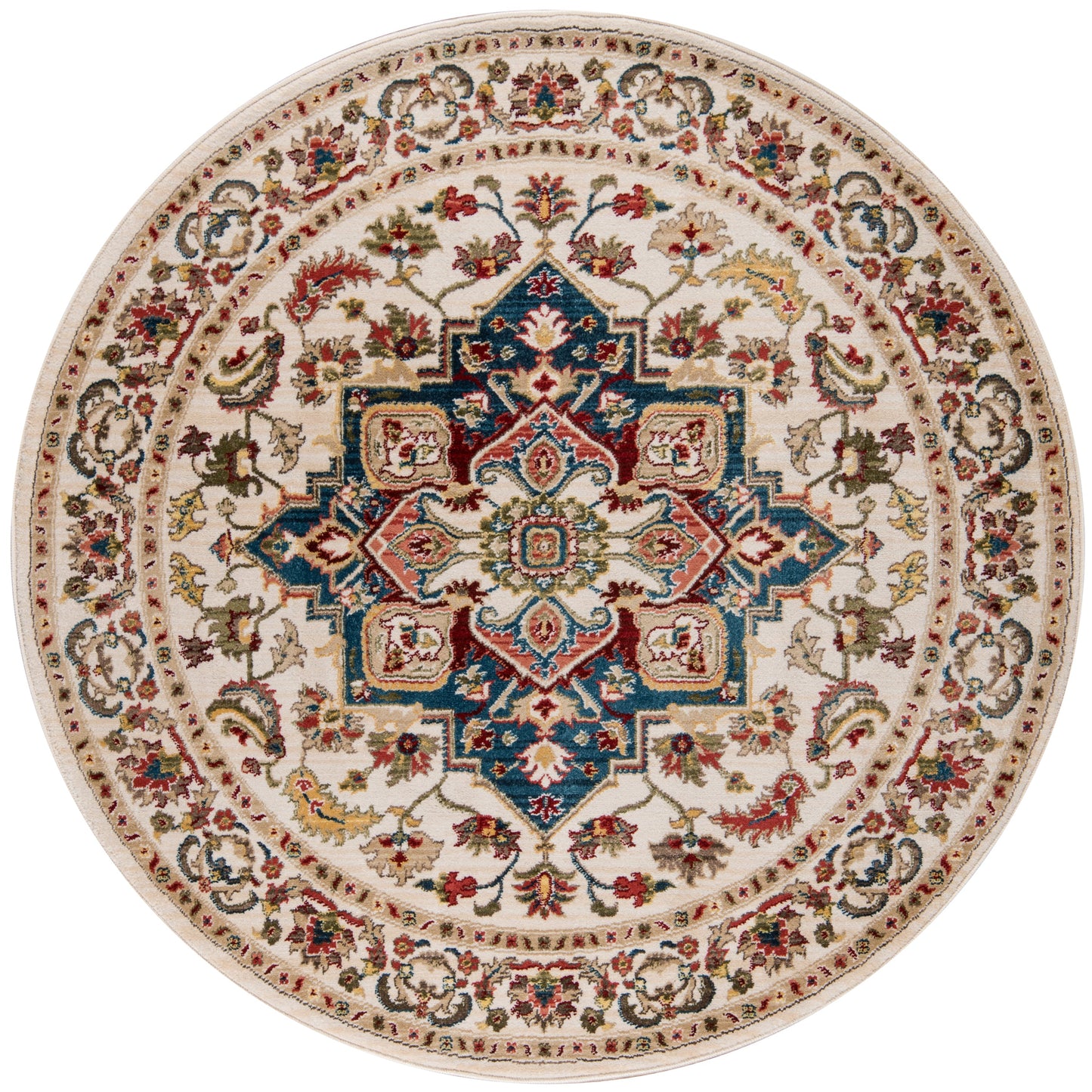 Rectangular ivory oriental rug with blue-red central medallion and ornate floral border.